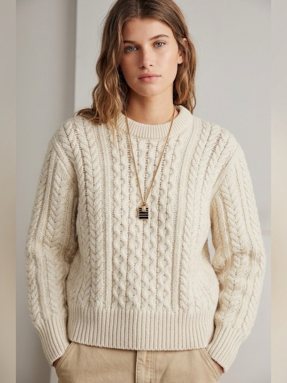 Vintage St Michael Classic British Wool Cable Knit Crewneck Sweater in Ecru